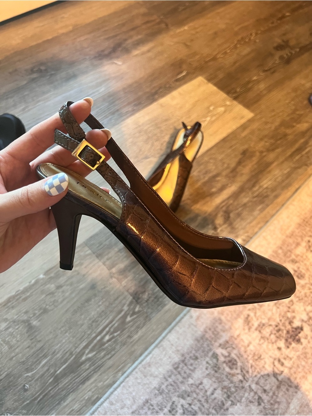 Dexter Brown Croc-Embossed Slingback Heel with Gold Buckle